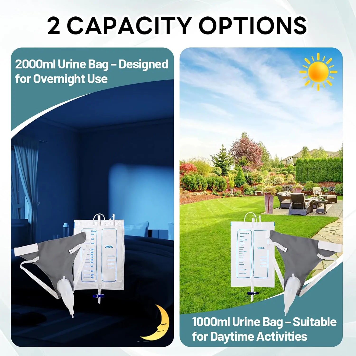 Wearable Urine Collector Set with Silicone Urine Catching Capsule, 1.2M Flexible Catheter, Breathable Cotton Pants, and 1000ml & 2000ml Collection Bags, Elderly Men Blue