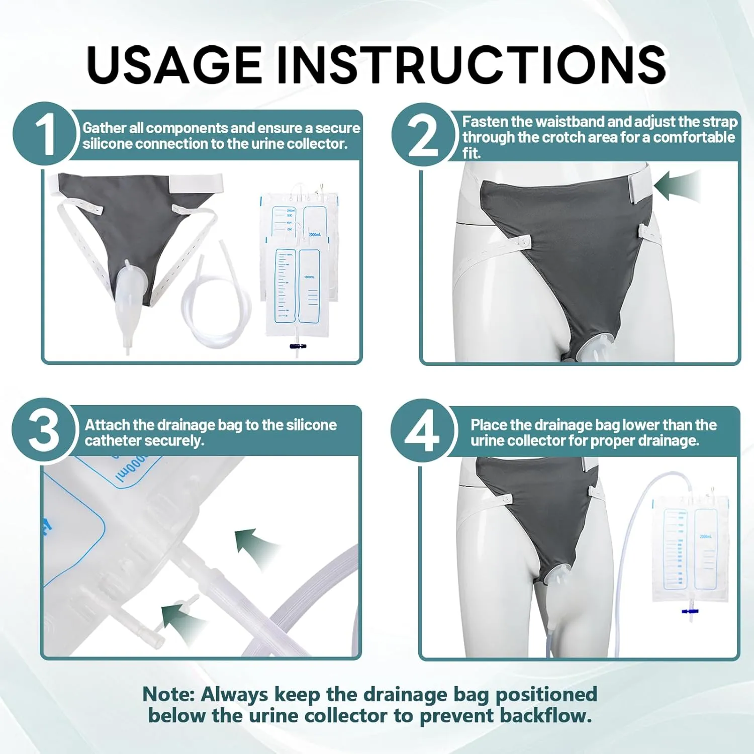 Wearable Urine Collector Set with Silicone Urine Catching Capsule, 1.2M Flexible Catheter, Breathable Cotton Pants, and 1000ml & 2000ml Collection Bags, Elderly Men Blue