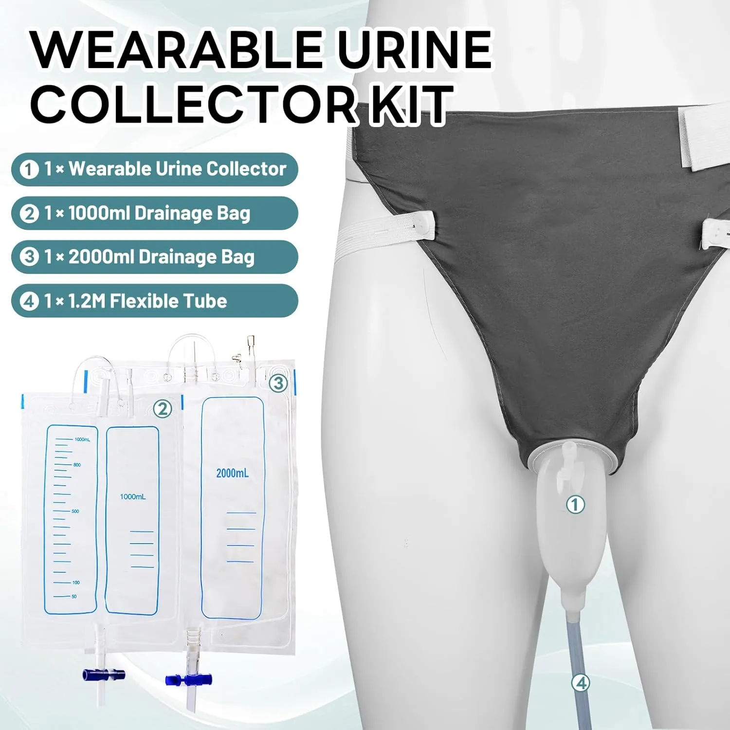 Wearable Urine Collector Set with Silicone Urine Catching Capsule, 1.2M Flexible Catheter, Breathable Cotton Pants, and 1000ml & 2000ml Collection Bags, Elderly Men Blue