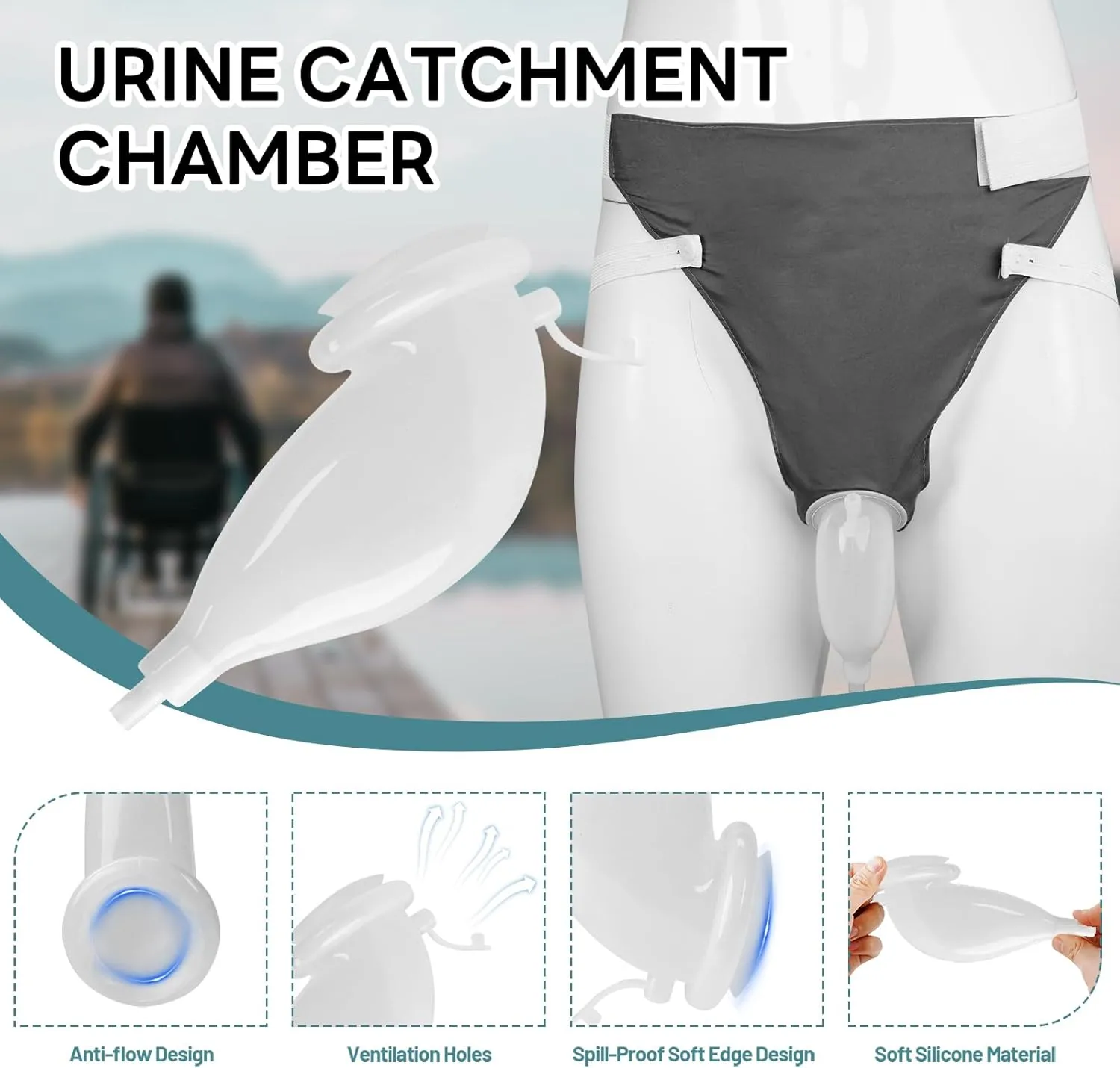 Wearable Urine Collector Set with Silicone Urine Catching Capsule, 1.2M Flexible Catheter, Breathable Cotton Pants, and 1000ml & 2000ml Collection Bags, Elderly Men Blue