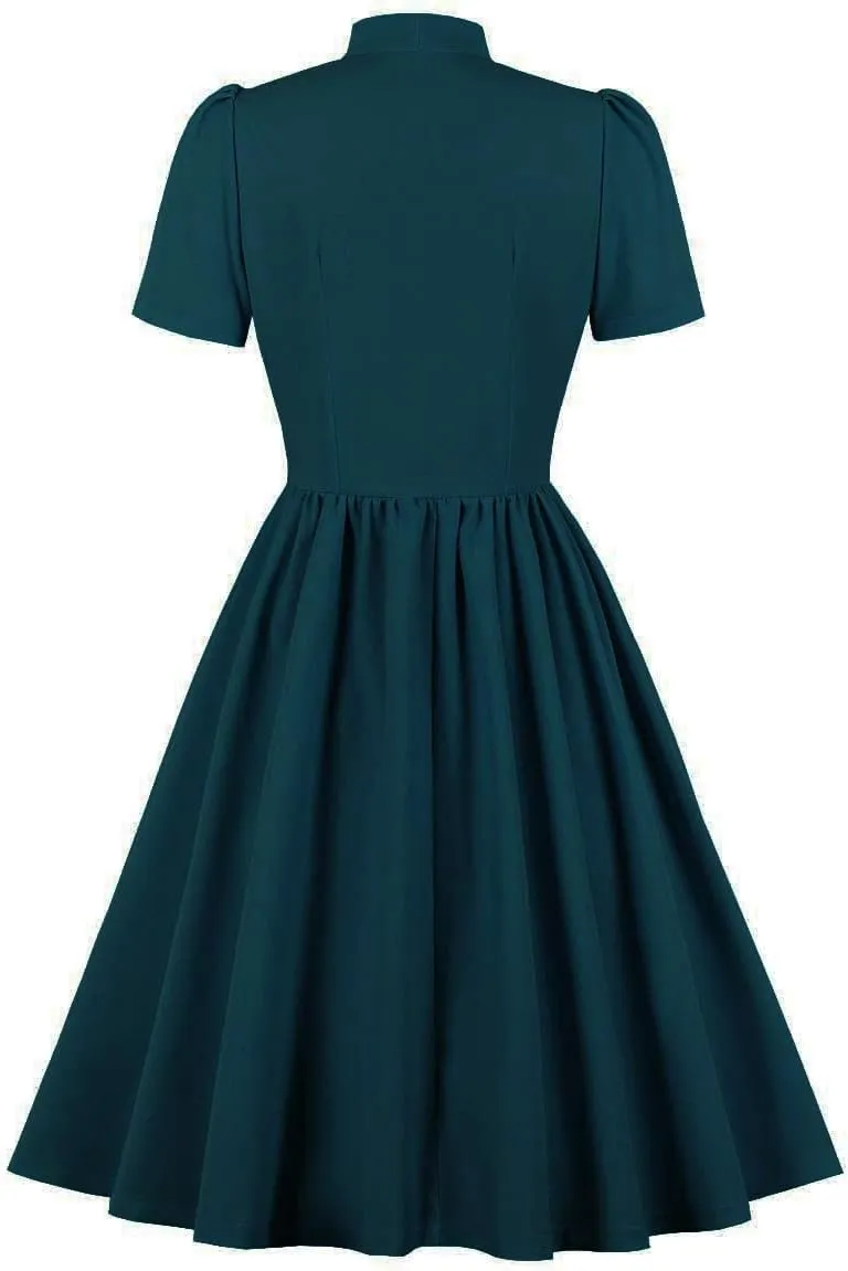 Wellwits Women's Tie Neck Vintage Button Down Shirt Cocktail Dress