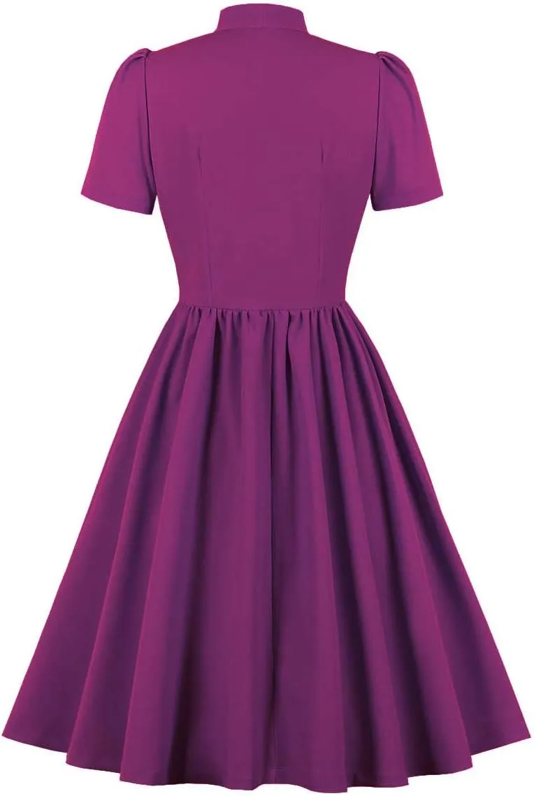 Wellwits Women's Tie Neck Vintage Button Down Shirt Cocktail Dress