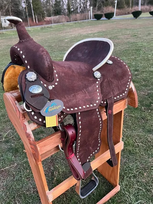 Western Barrel Racing Pleasure Trail Deep Seat Premium Leather Horse Saddle with Matching Headstall, Breast Collar (Brown, 14inch), WW-SADDLE-BR-14in