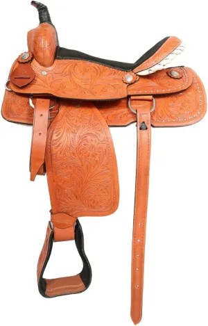 Western Horse Saddle Leather Flex Tree Trail & Pleasure Saddle for Horses Leather with Floral Design American Saddle Tack Horse Pony Size 8 to 17 Inches Seat, Color: Tan