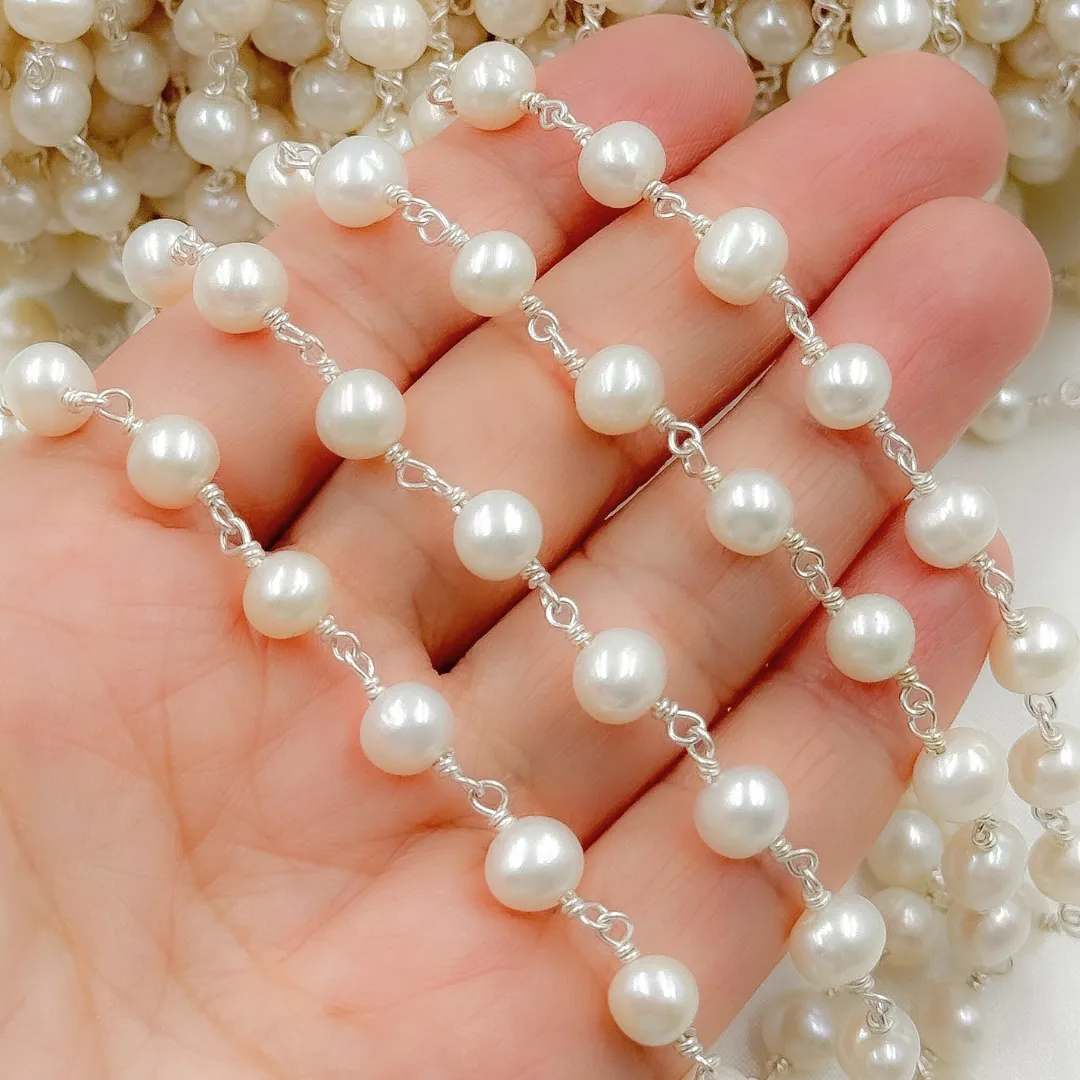 White Pearl Round 925 Sterling Silver Wire Chain. PRL57