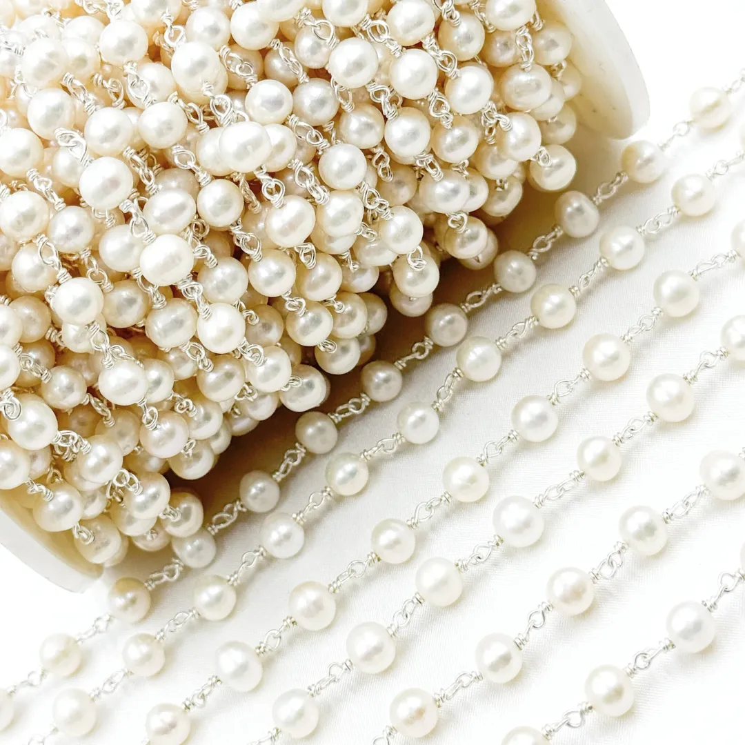 White Pearl Round 925 Sterling Silver Wire Chain. PRL57