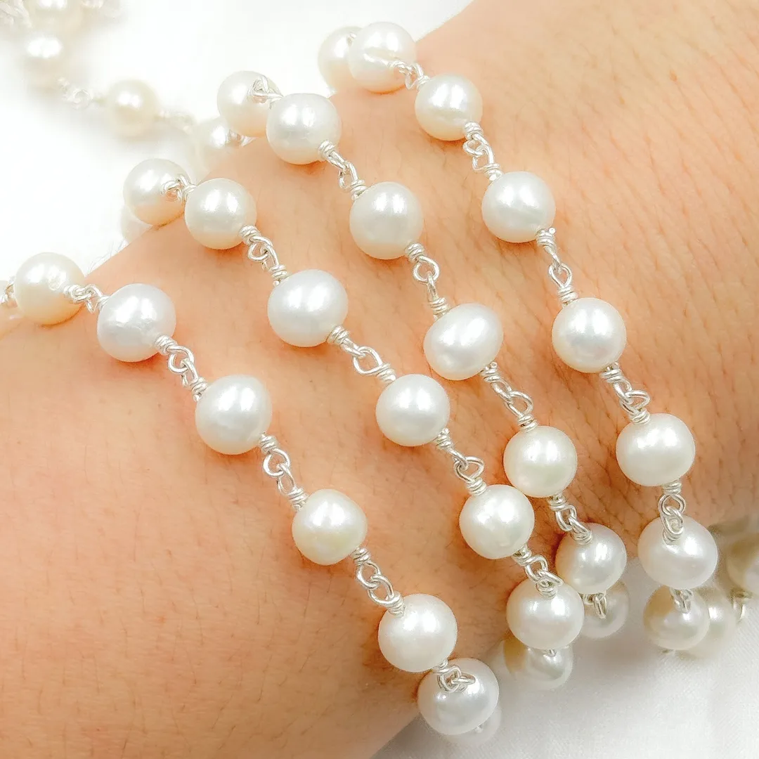 White Pearl Round 925 Sterling Silver Wire Chain. PRL57