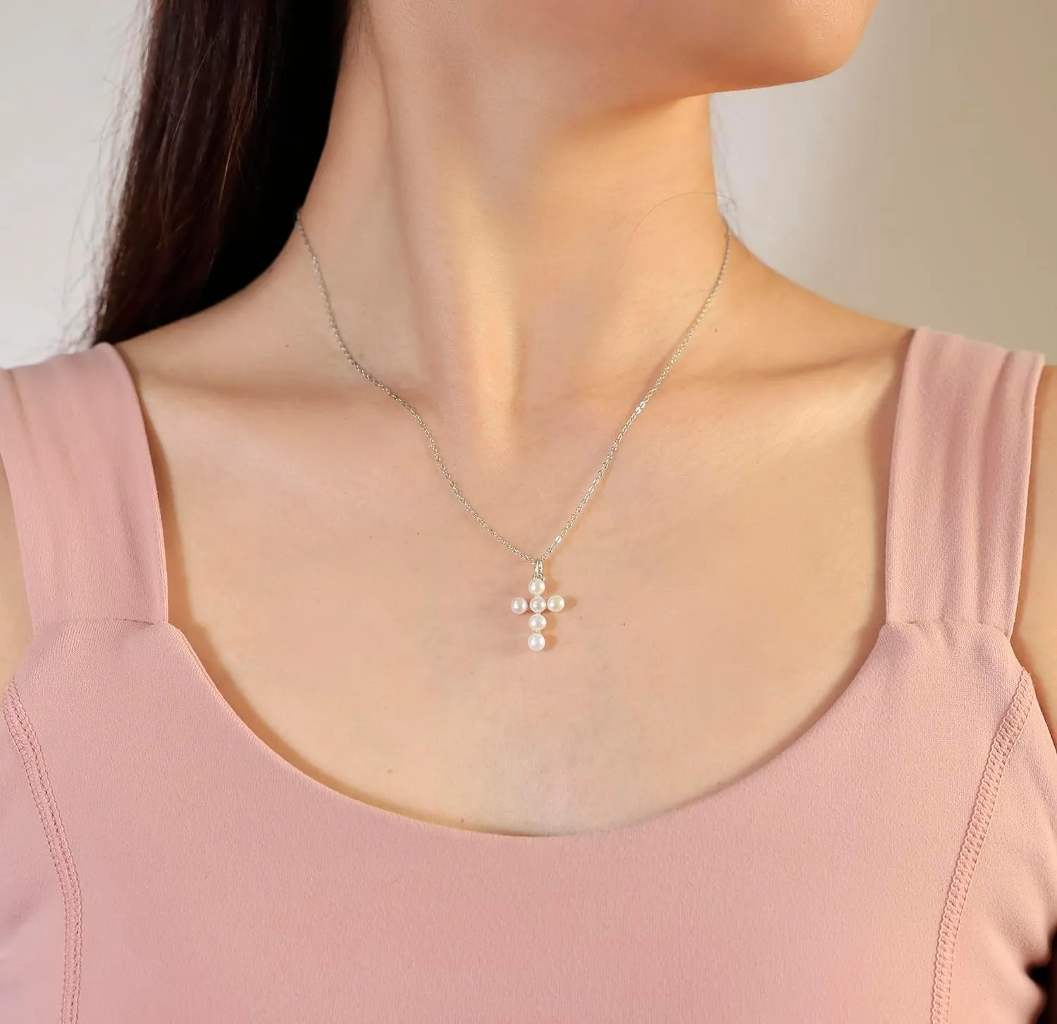 Wicary Pearl Cross Necklace for Women Sterling Silver Freshwater Pearl Pendant Necklaces Christian Jewelry for Women Meaning Gifts for Anniversary Wedding Bridesmaid