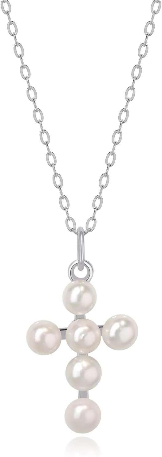 Wicary Pearl Cross Necklace for Women Sterling Silver Freshwater Pearl Pendant Necklaces Christian Jewelry for Women Meaning Gifts for Anniversary Wedding Bridesmaid