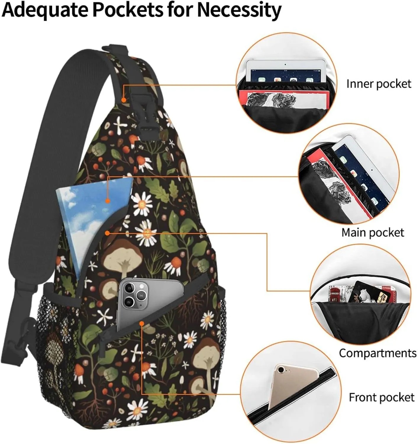 Wild Mushroom Sling Bag,Multipurpose Crossbody Backpack Shoulder Chest Bag for Women Men Travel Hiking Daypack