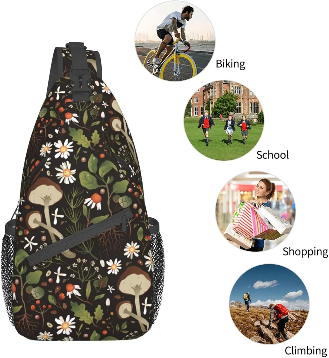 Wild Mushroom Sling Bag,Multipurpose Crossbody Backpack Shoulder Chest Bag for Women Men Travel Hiking Daypack