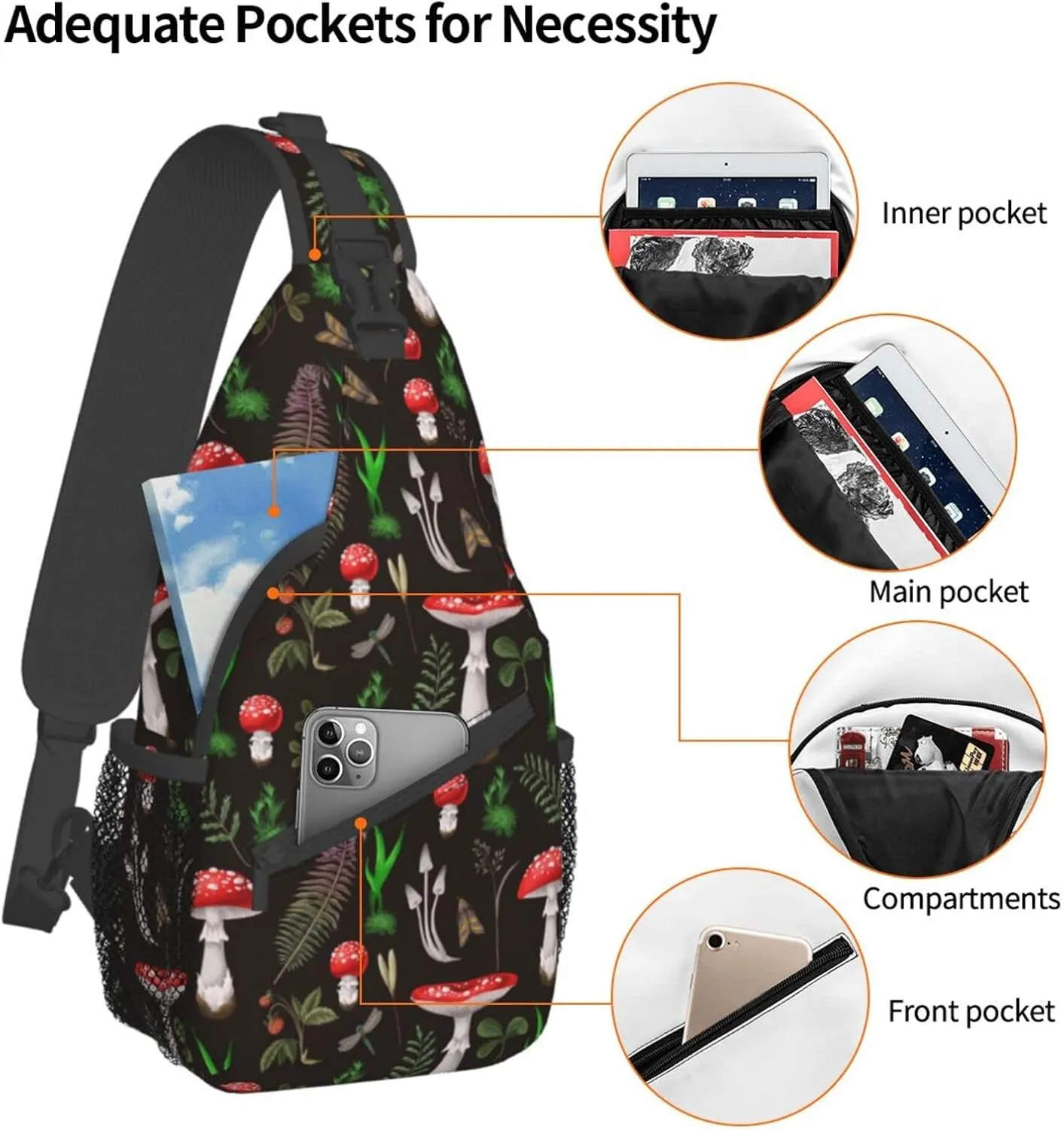 Wild Mushroom Sling Bag,Multipurpose Crossbody Backpack Shoulder Chest Bag for Women Men Travel Hiking Daypack