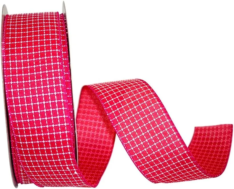 Wire Edged Saddle Stitch Check Linen Shocking Pink 2 1/2" 50 Yards