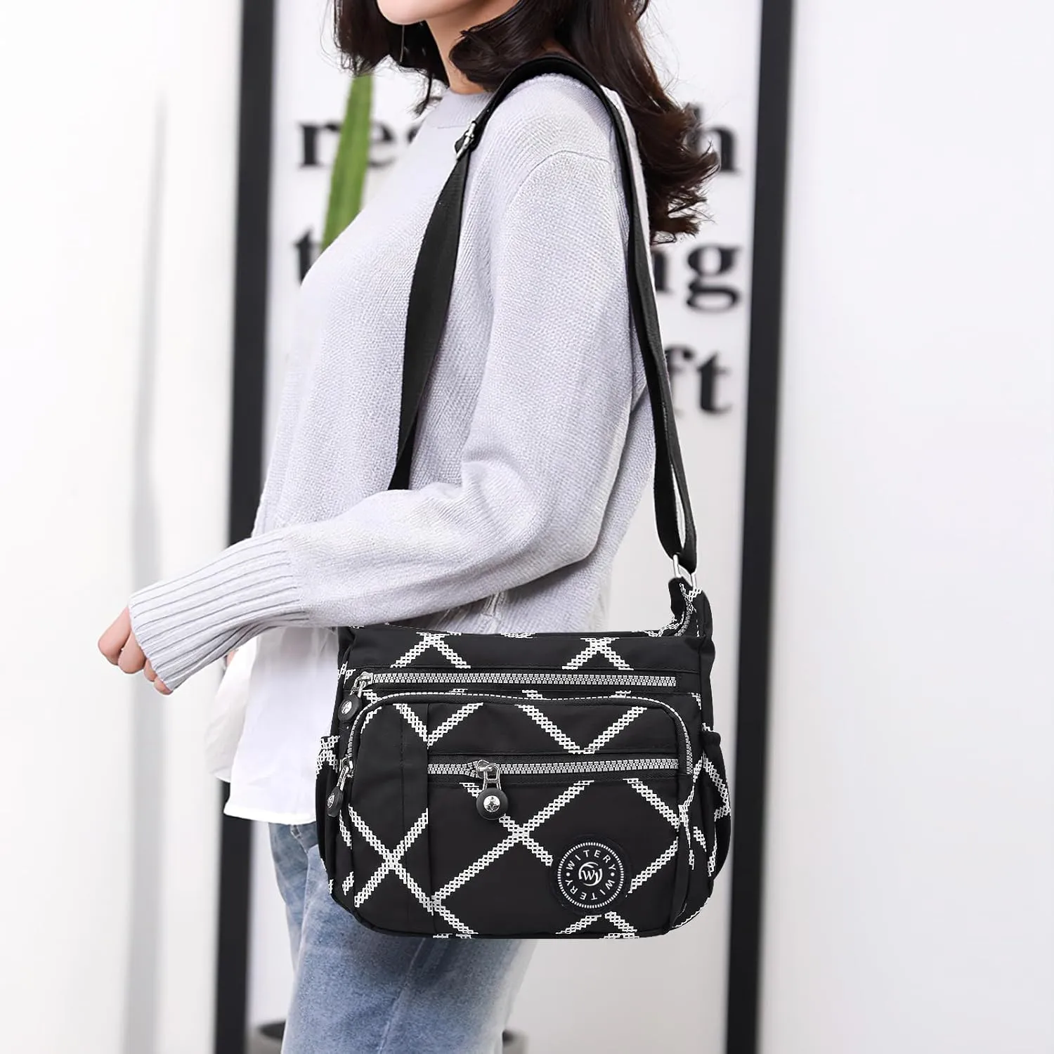 WITERY Nylon Shoulder Bags for Women - Multi-Pocket Zipper Waterproof Travel Purse Casual Small Lightweight Messenger Bag