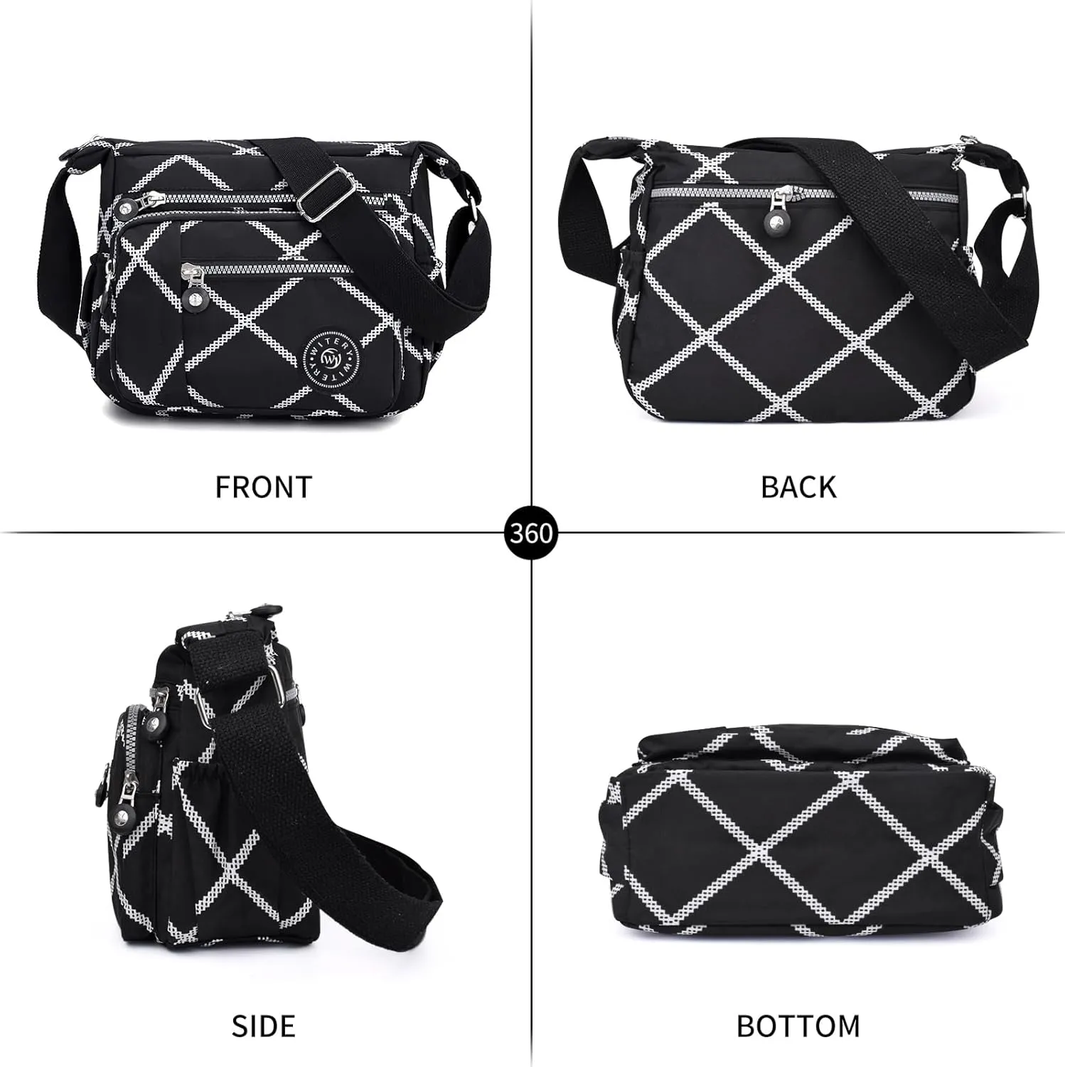 WITERY Nylon Shoulder Bags for Women - Multi-Pocket Zipper Waterproof Travel Purse Casual Small Lightweight Messenger Bag