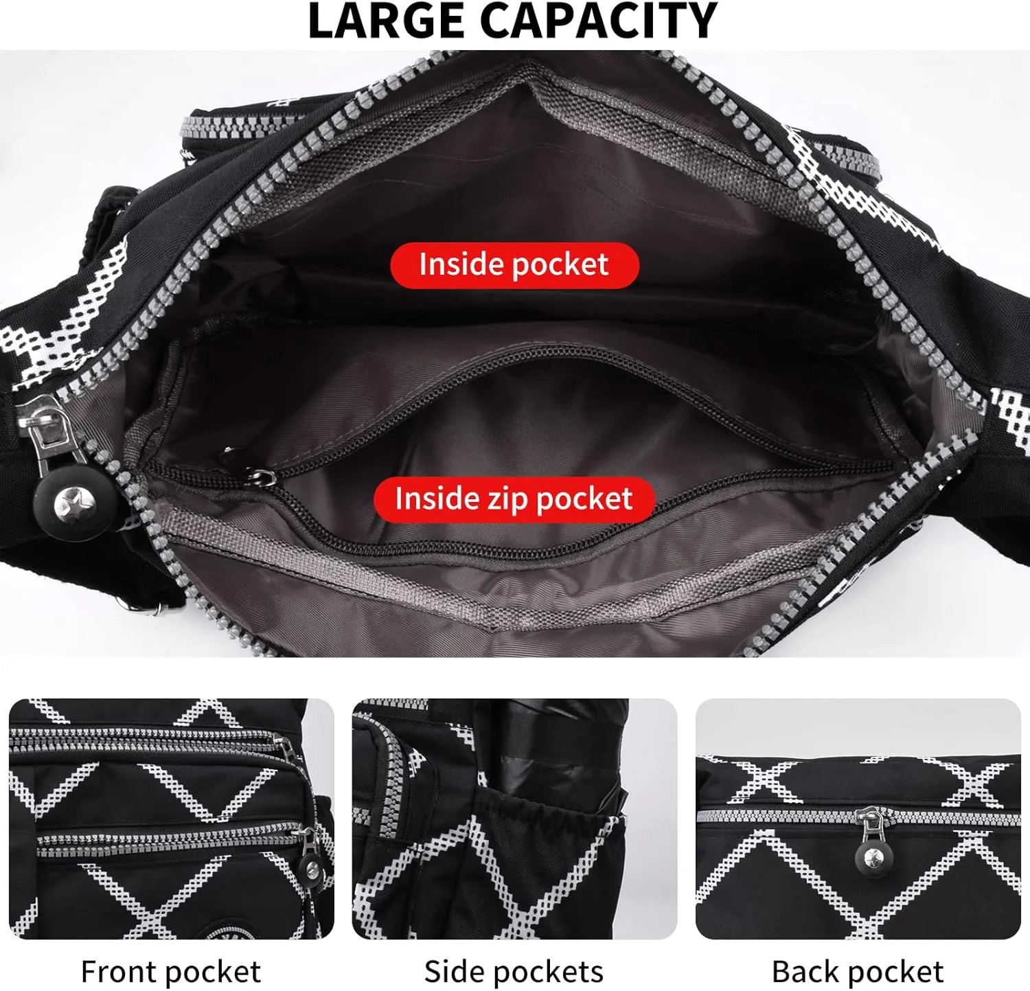 WITERY Nylon Shoulder Bags for Women - Multi-Pocket Zipper Waterproof Travel Purse Casual Small Lightweight Messenger Bag