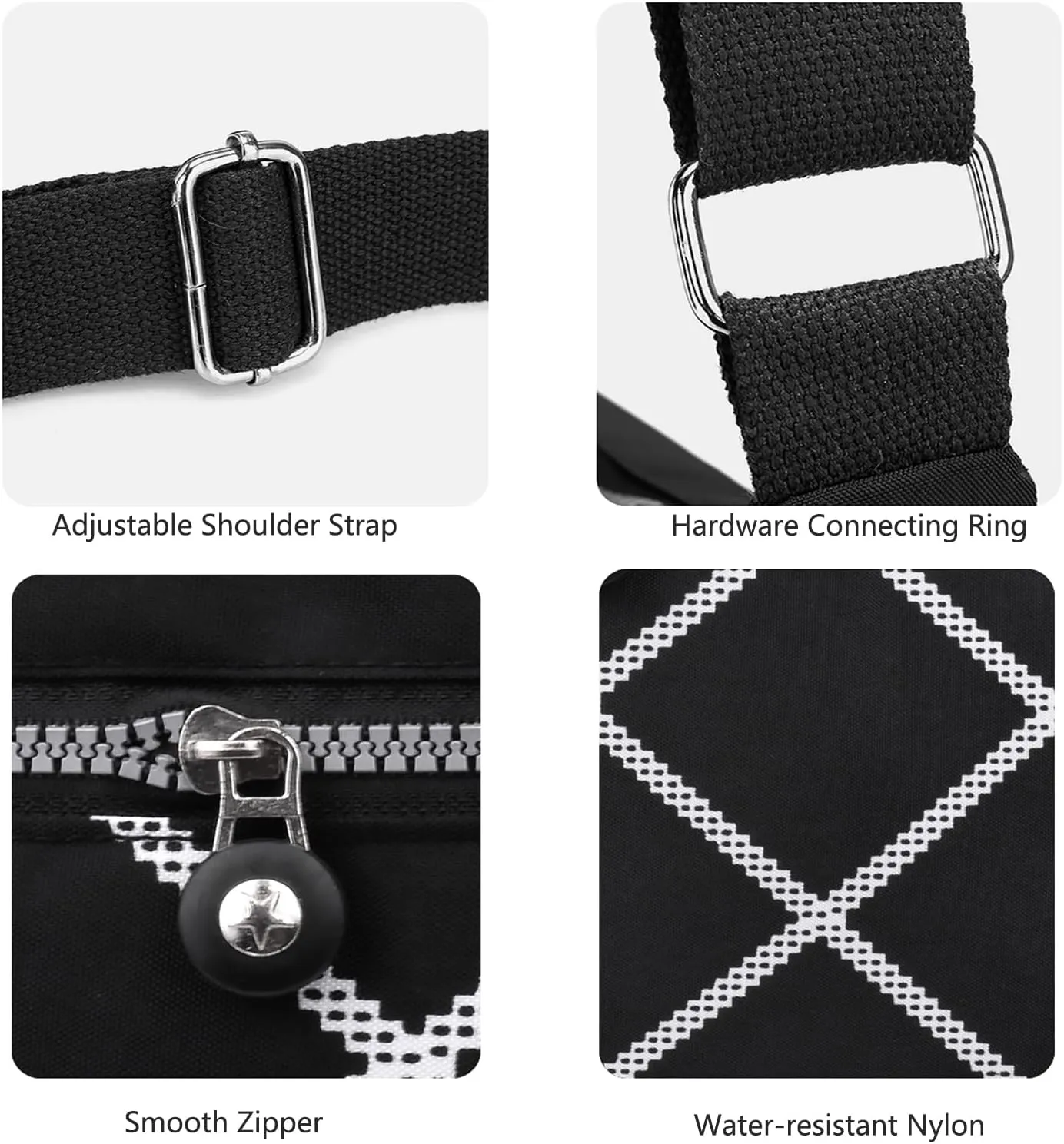 WITERY Nylon Shoulder Bags for Women - Multi-Pocket Zipper Waterproof Travel Purse Casual Small Lightweight Messenger Bag