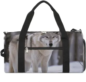Wolf in The Snow Barrel Gym Bags for Men And Women, Duffle Bag for Travel Sports Bag Camping Weekend Carry on Overnight Duffel Bag with Shoulder Strap