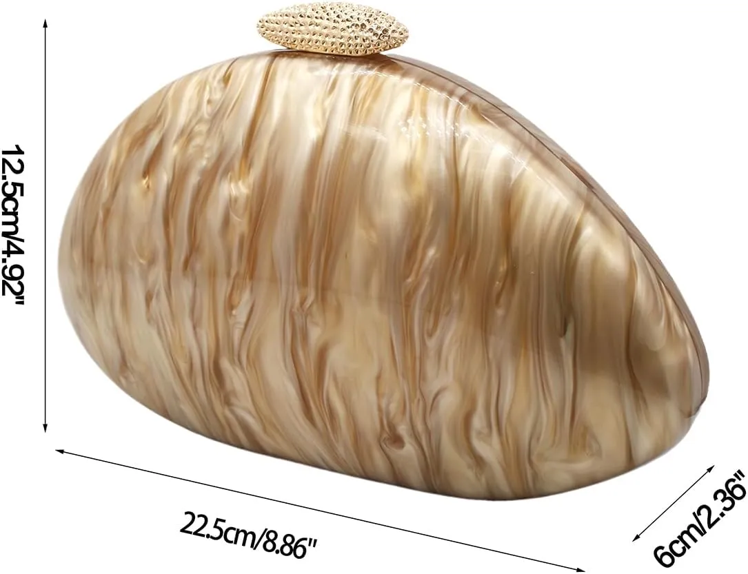Women Acrylic Evening Clutch Chic Shell Purse Egg Handbag Marble Shoulder Crossbody Bag for Prom Cocktail Party