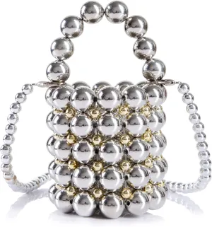 Women Beaded Evening Bucket Bag Small Lipstick Handbag Velvet Lining with Detachable Chain for Wedding Party