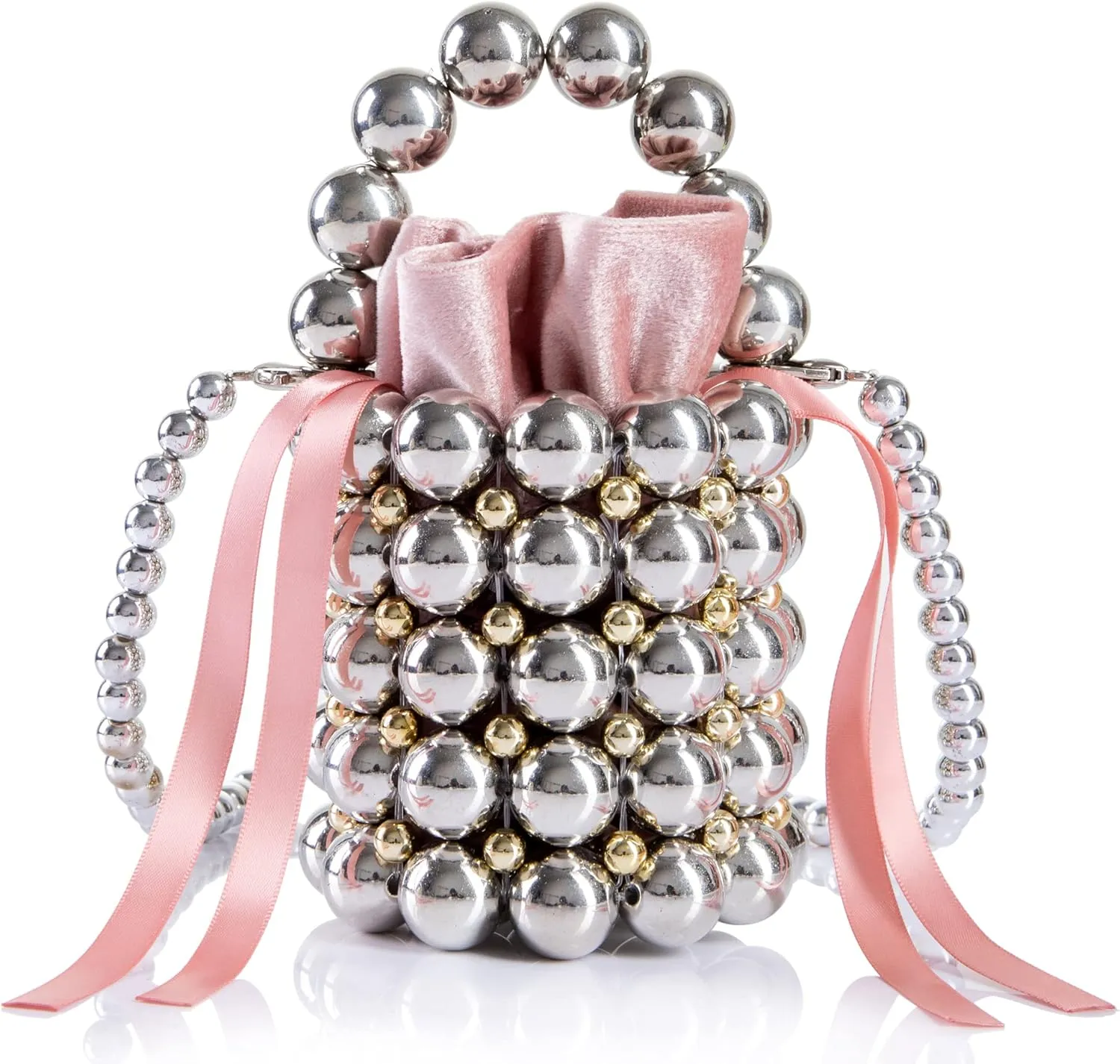 Women Beaded Evening Bucket Bag Small Lipstick Handbag Velvet Lining with Detachable Chain for Wedding Party