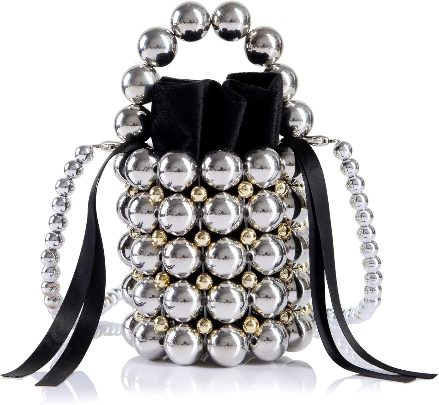 Women Beaded Evening Bucket Bag Small Lipstick Handbag Velvet Lining with Detachable Chain for Wedding Party
