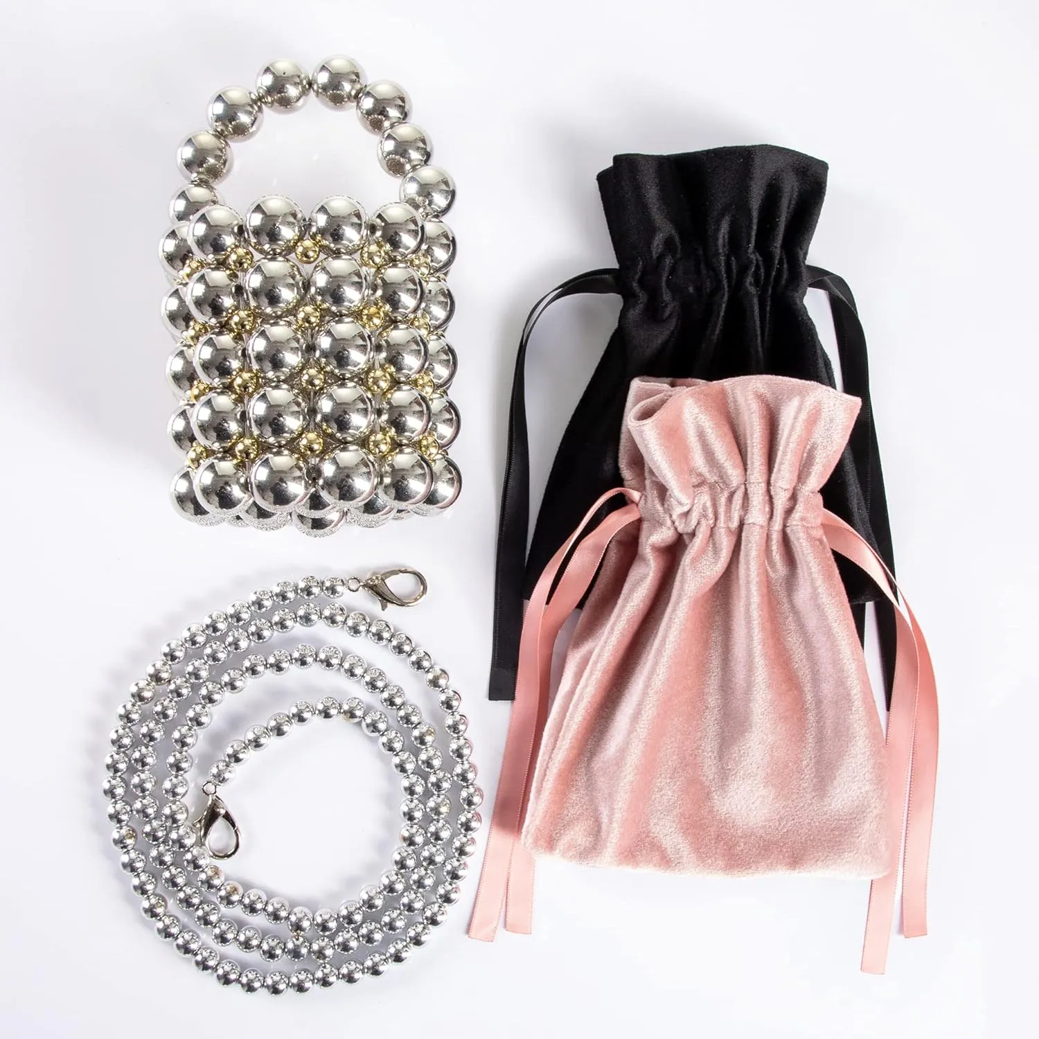 Women Beaded Evening Bucket Bag Small Lipstick Handbag Velvet Lining with Detachable Chain for Wedding Party