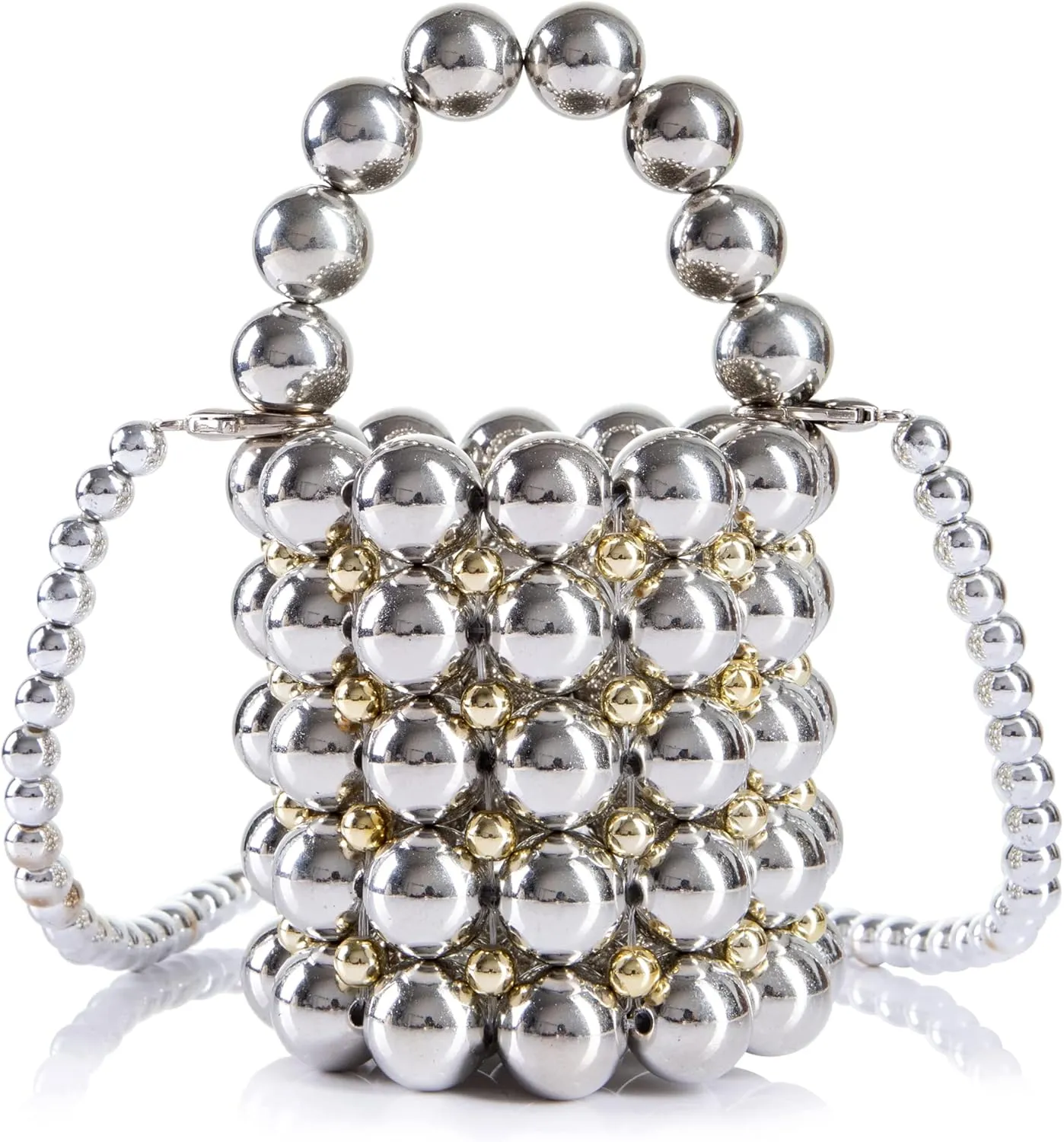 Women Beaded Evening Bucket Bag Small Lipstick Handbag Velvet Lining with Detachable Chain for Wedding Party