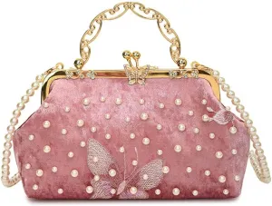 Women Butterfly Embroidery Clutch Purse Pearl Evening Handbag with Chain Top Handle Party Wedding Evening Clutch