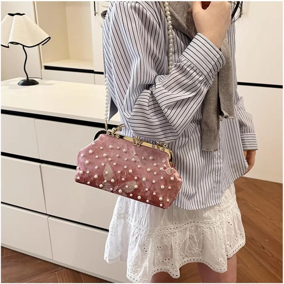 Women Butterfly Embroidery Clutch Purse Pearl Evening Handbag with Chain Top Handle Party Wedding Evening Clutch