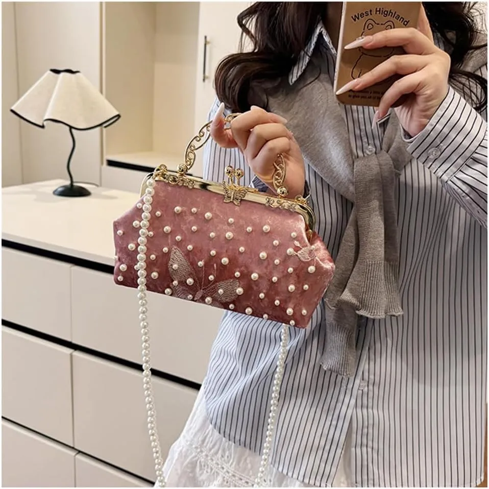 Women Butterfly Embroidery Clutch Purse Pearl Evening Handbag with Chain Top Handle Party Wedding Evening Clutch
