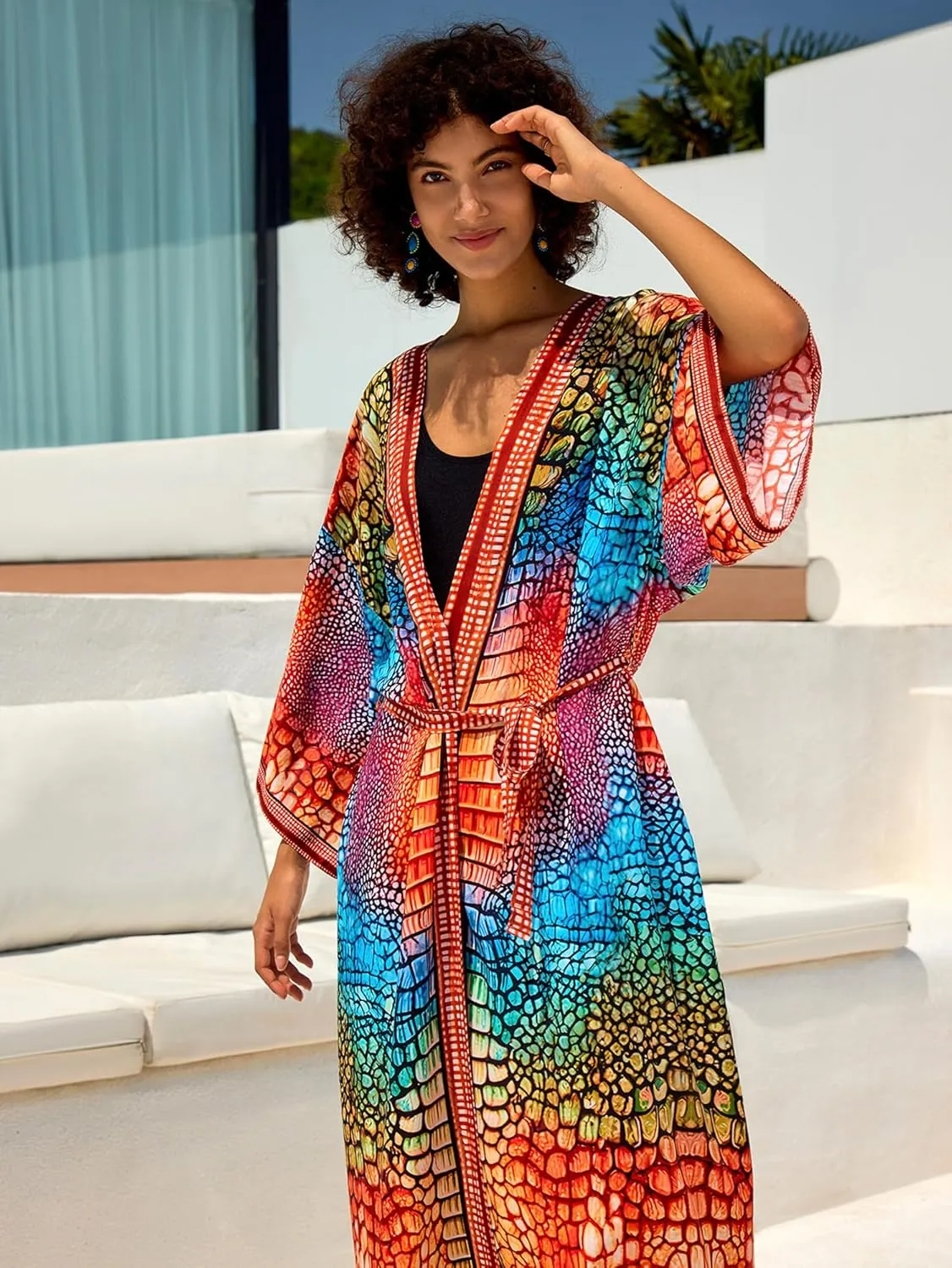 Women Casual Open Front Lightweight Cardigan Long Beach Kimono Cover Up