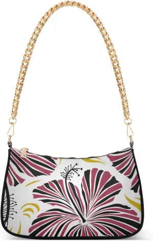 Women Chain Shoulder Purse Bag With Zipper Hawaiian Hibiscus Flowers Print, Hobo Tote Clutch Handbags with Chain Strap