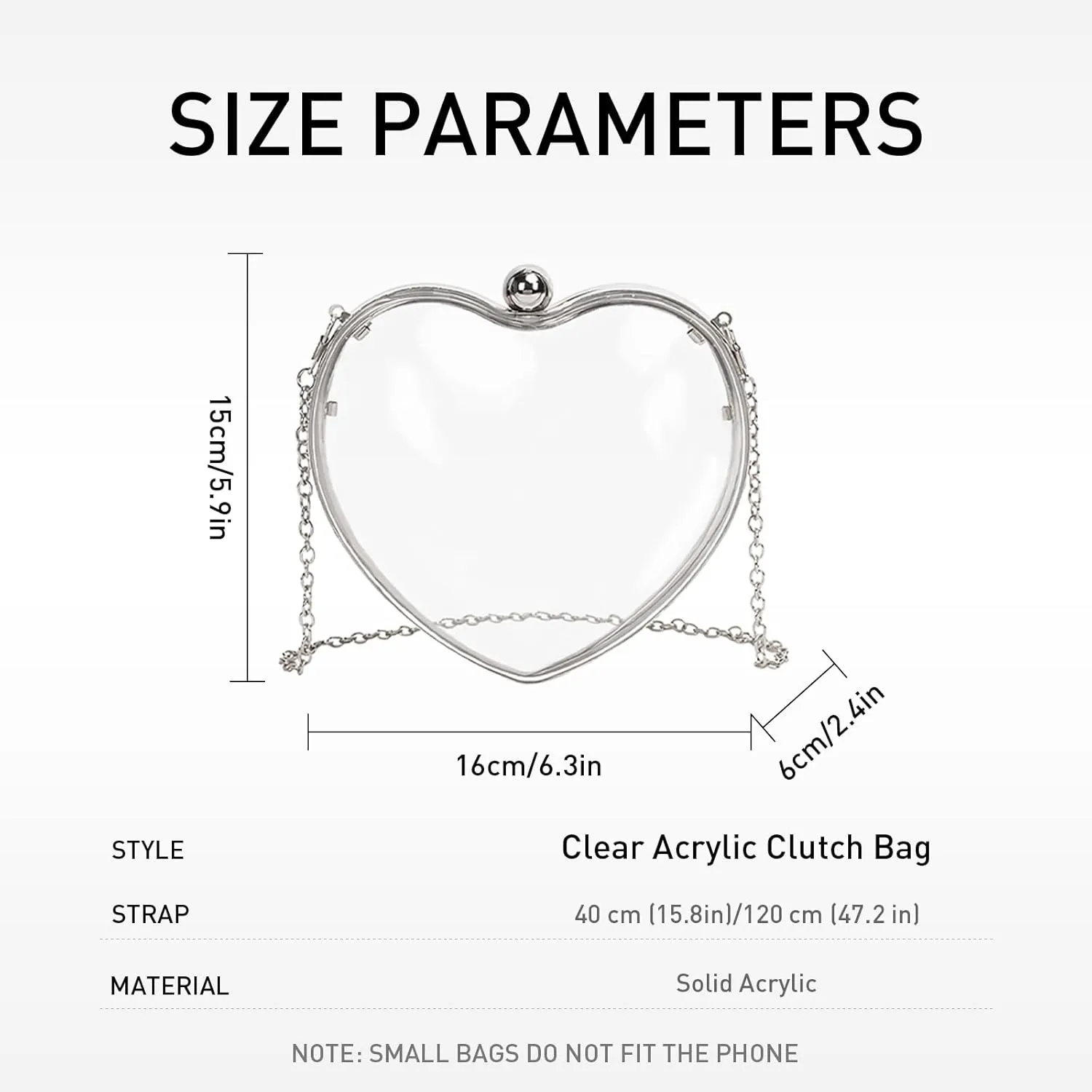 Women Clear Acrylic Clutch Bag Mini Heart Handbag Evening Pouch with Detechable Chain