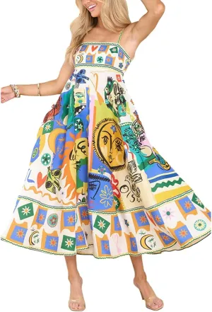 Women Dresses 2025 Cute Print Maxi Cami Dresses Sleeveless Casual Spaghetti Strap Graffiti Dress Vacation Dresses