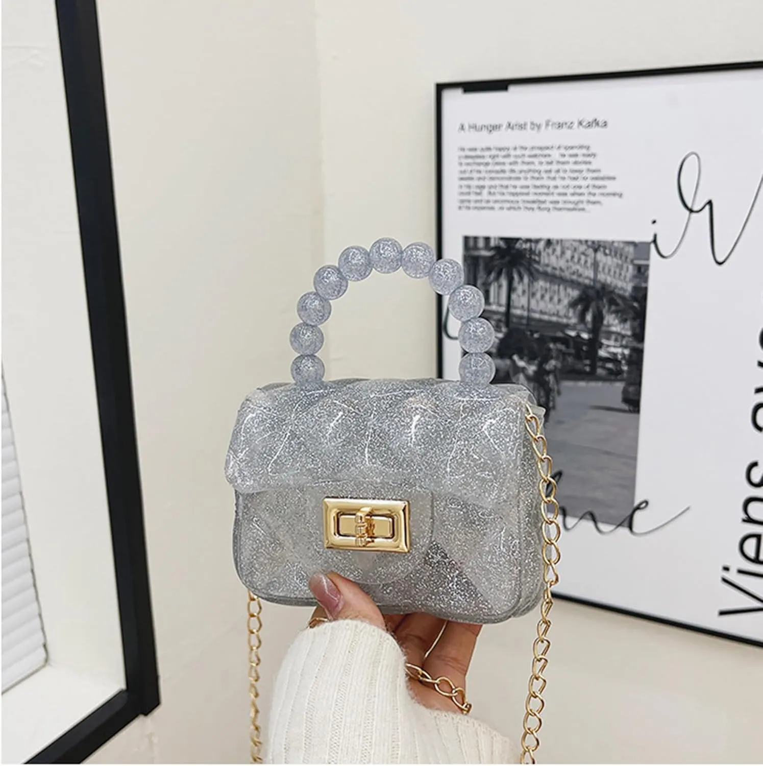 Women Girls Mini Jelly Purse Small Candy Color Jelly Crossbody Bag Cute Princess Shoulder Bag with Pearls Top Handle