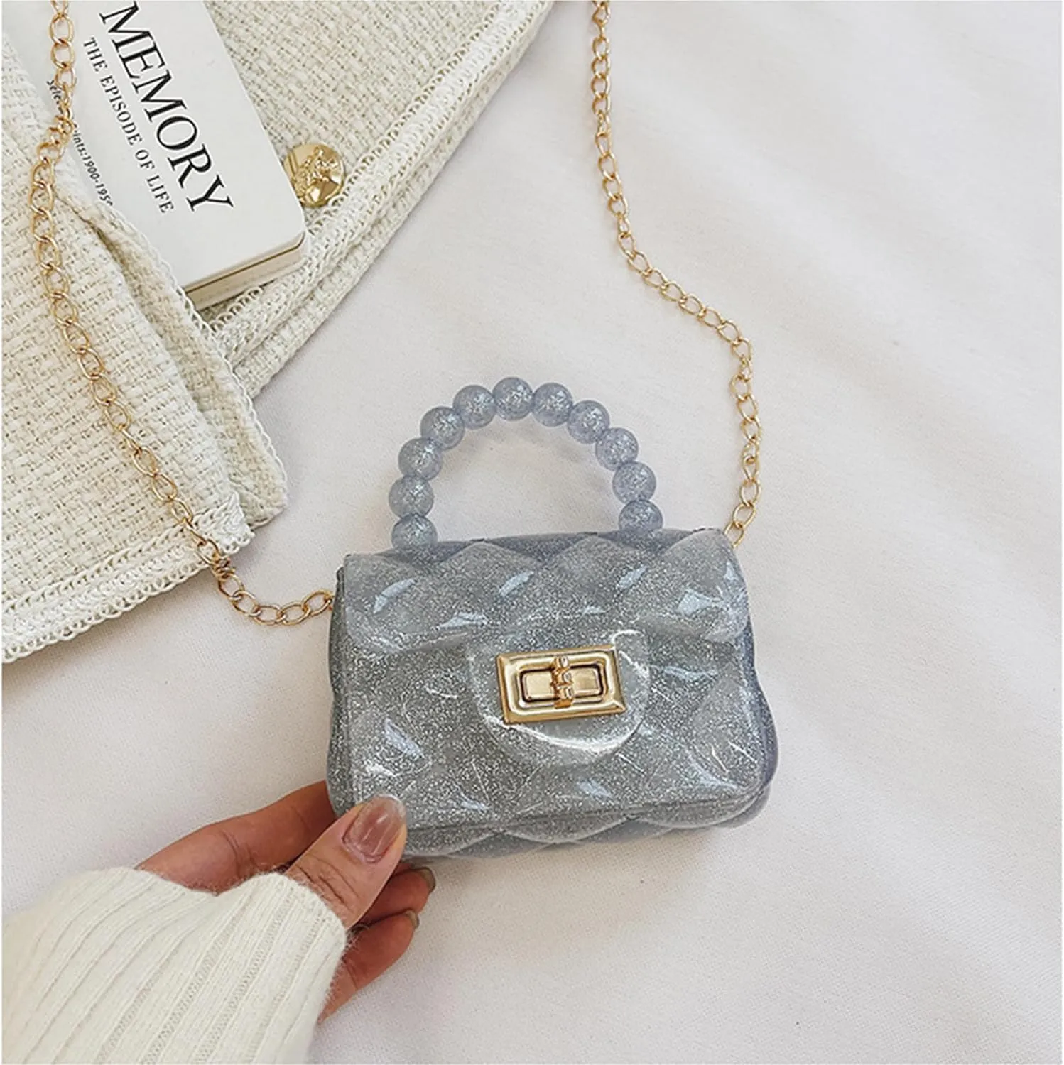 Women Girls Mini Jelly Purse Small Candy Color Jelly Crossbody Bag Cute Princess Shoulder Bag with Pearls Top Handle