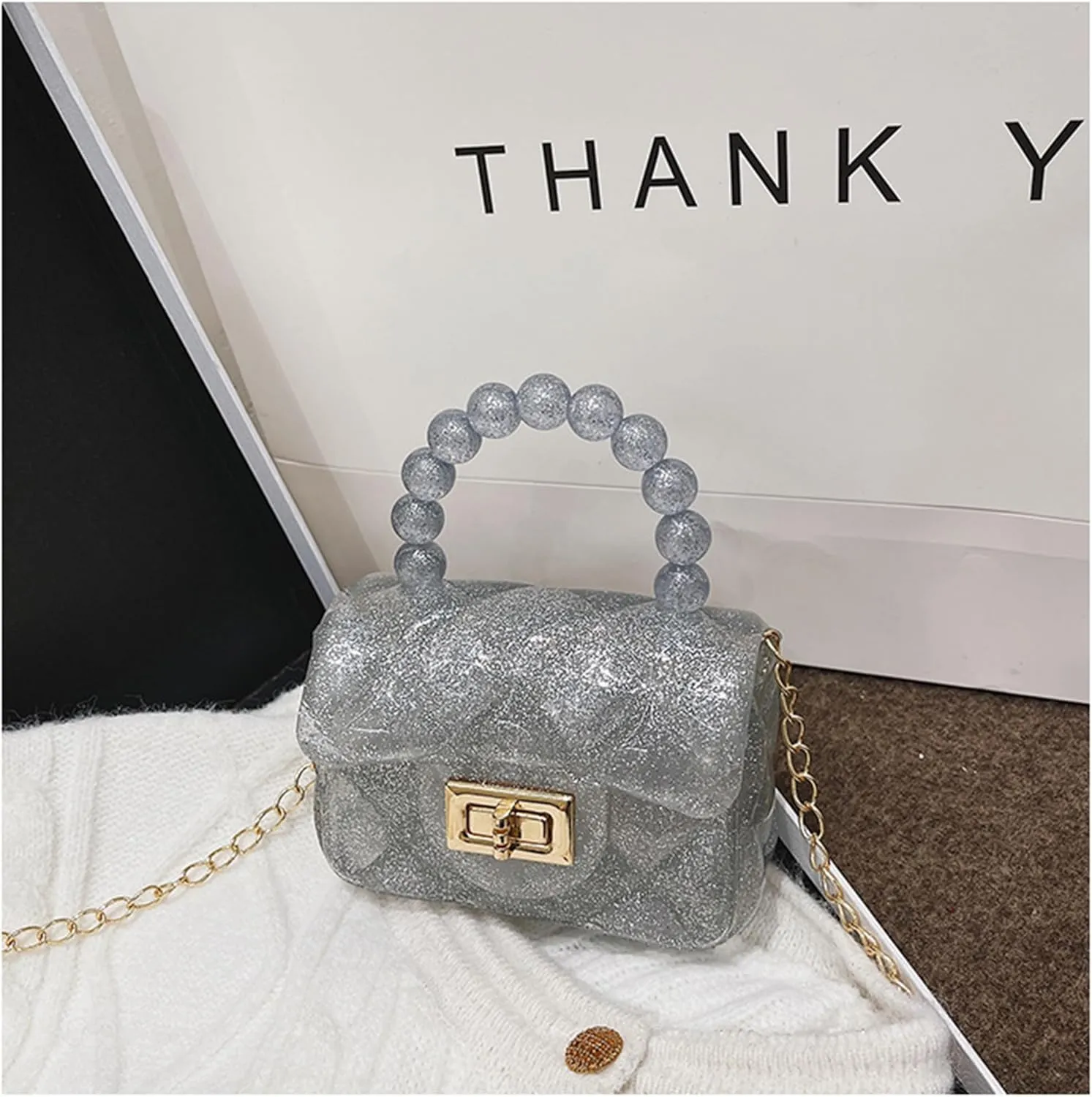 Women Girls Mini Jelly Purse Small Candy Color Jelly Crossbody Bag Cute Princess Shoulder Bag with Pearls Top Handle