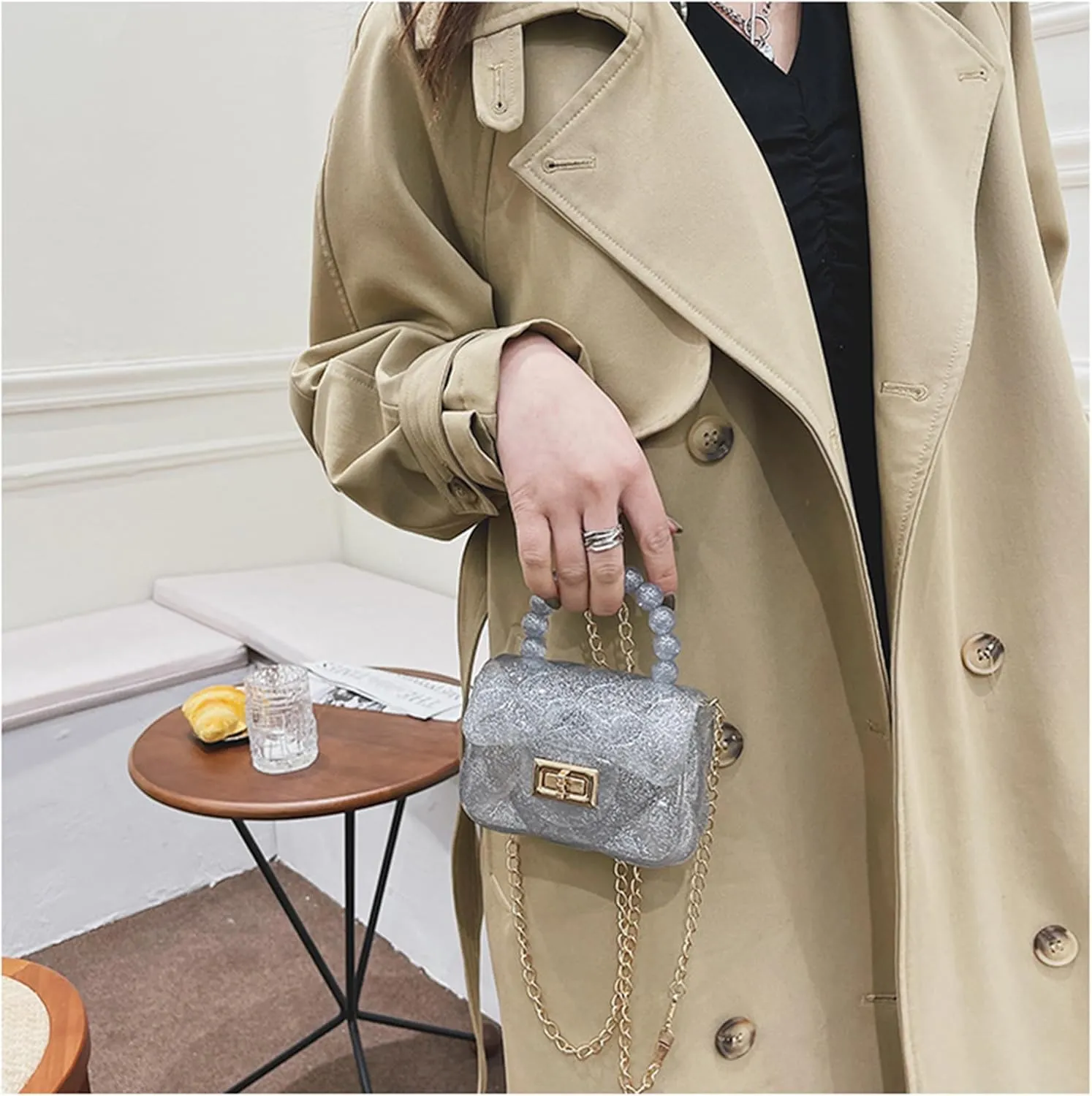 Women Girls Mini Jelly Purse Small Candy Color Jelly Crossbody Bag Cute Princess Shoulder Bag with Pearls Top Handle