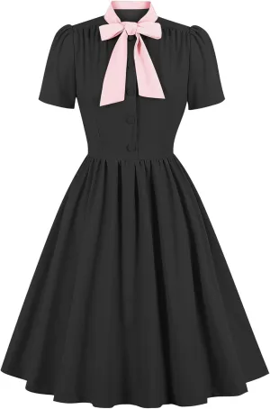 Women Short Sleeve 1950s Retro Vintage Cocktail Swing Dresses Buttons Bow Tie Neck 1940s 1960s Dress 50s Office Work Dress