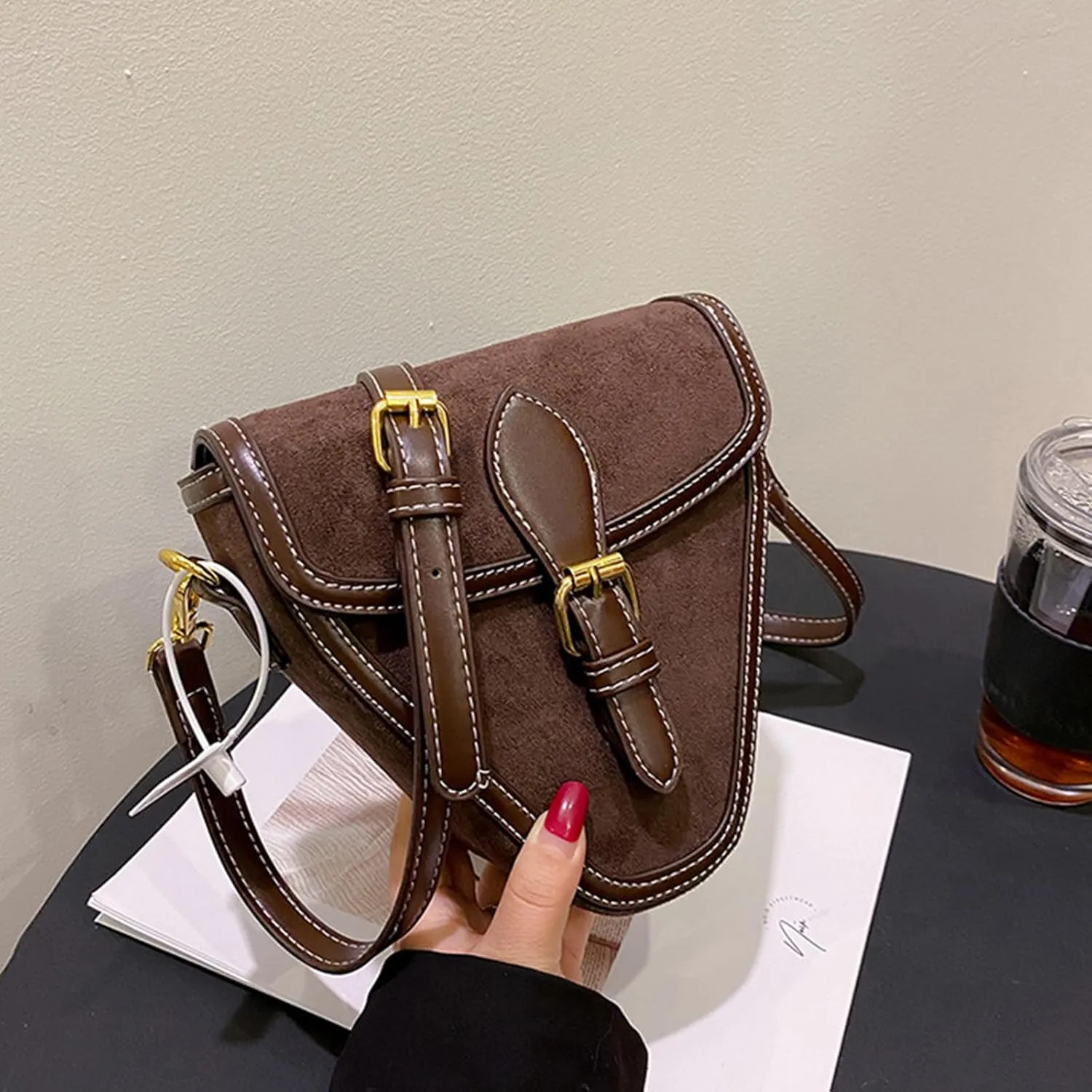 Women Shoulder Bag, Vintage Large Capacity PU Leather Triangle Purse Button Closure Crossbody Bag