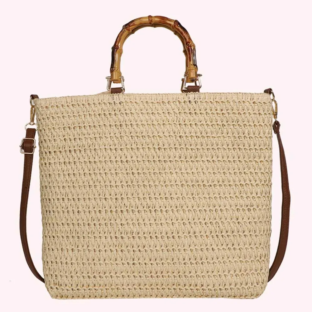 Women Straw Woven Handbag Summer Beach Bags Large Capacity Stylish Crossbody Bag with Bamboo Handle for Outdoor Tr