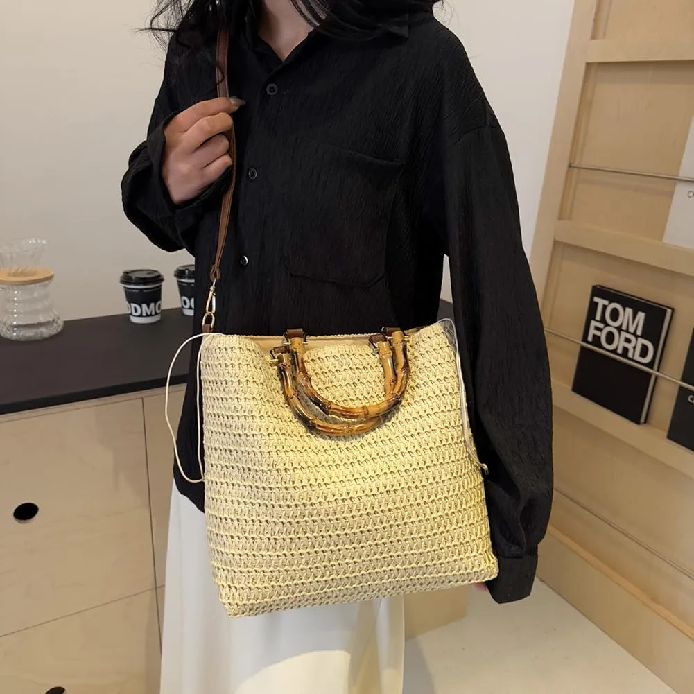 Women Straw Woven Handbag Summer Beach Bags Large Capacity Stylish Crossbody Bag with Bamboo Handle for Outdoor Tr