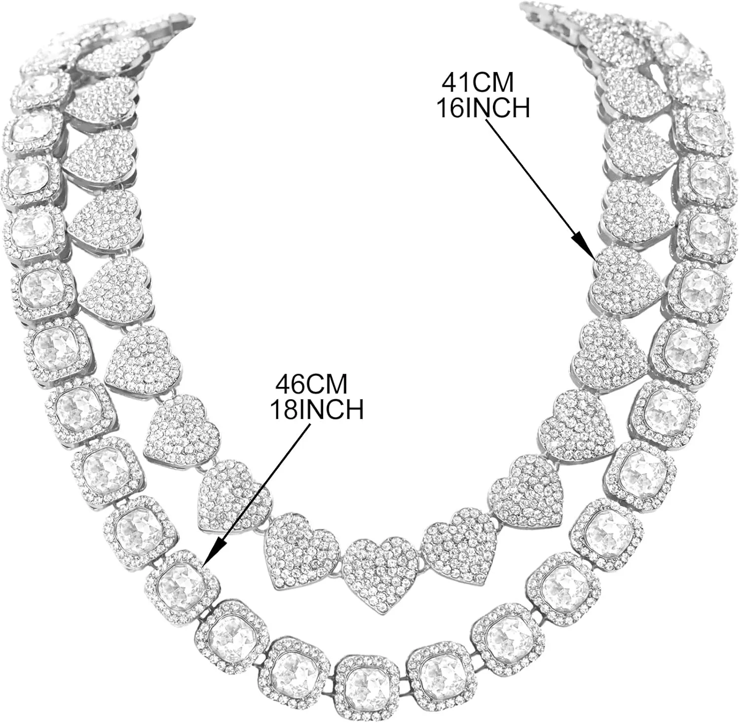 Women's 18 20'' Zinc Necklace, Clustered Diamond Tennis Chain & Heart Necklace Set, Hip Hop Jewelry, Gold, Cuban Link, for Female, Gifts