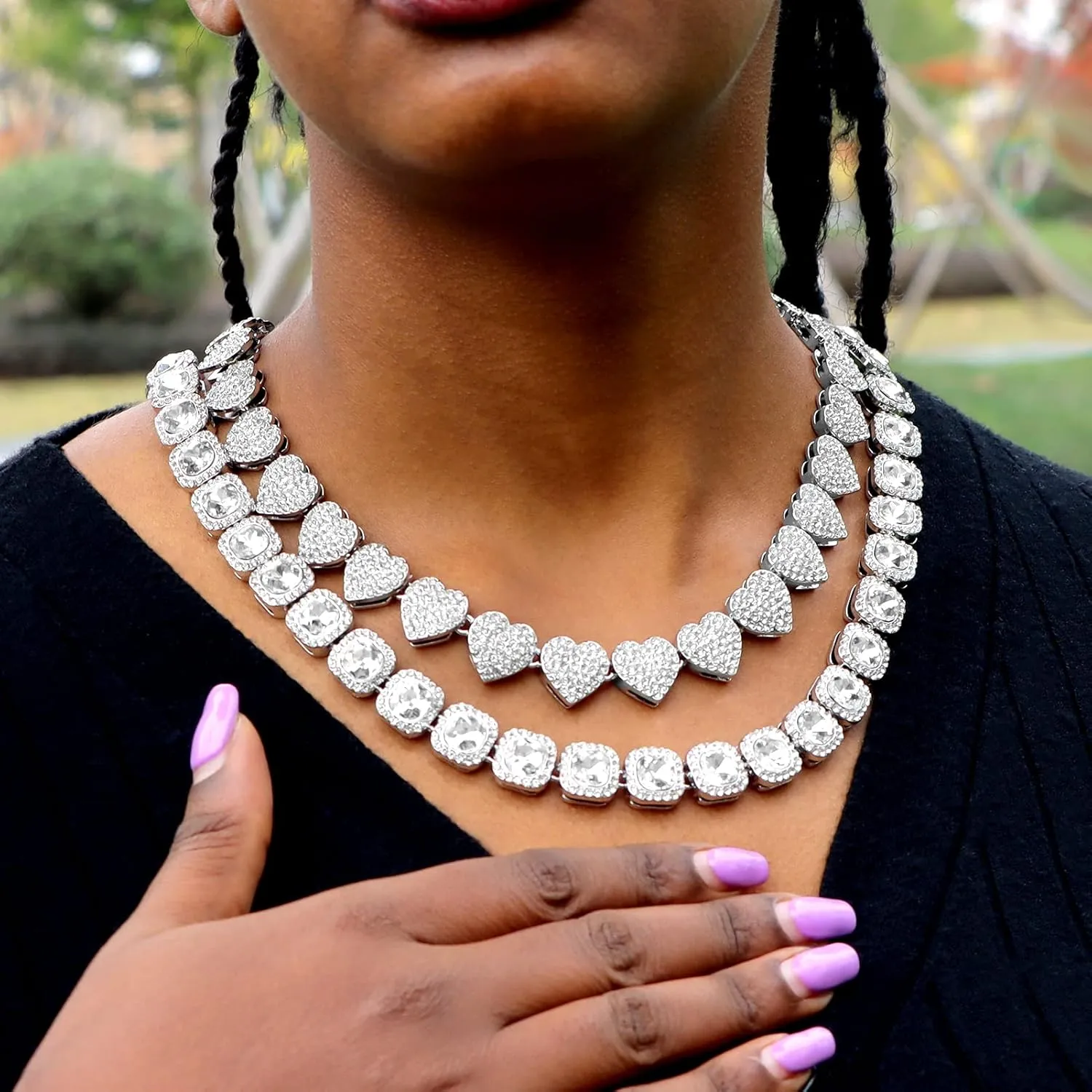Women's 18 20'' Zinc Necklace, Clustered Diamond Tennis Chain & Heart Necklace Set, Hip Hop Jewelry, Gold, Cuban Link, for Female, Gifts