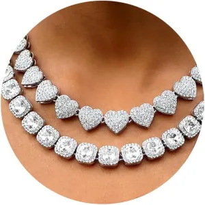 Women's 18 20'' Zinc Necklace, Clustered Diamond Tennis Chain & Heart Necklace Set, Hip Hop Jewelry, Gold, Cuban Link, for Female, Gifts