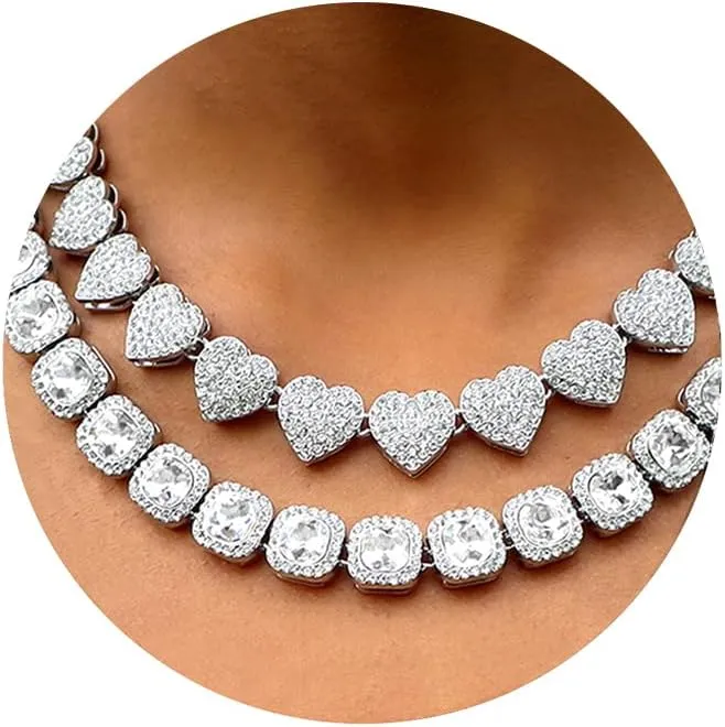 Women's 18 20'' Zinc Necklace, Clustered Diamond Tennis Chain & Heart Necklace Set, Hip Hop Jewelry, Gold, Cuban Link, for Female, Gifts