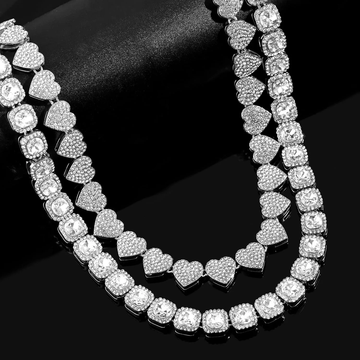 Women's 18 20'' Zinc Necklace, Clustered Diamond Tennis Chain & Heart Necklace Set, Hip Hop Jewelry, Gold, Cuban Link, for Female, Gifts