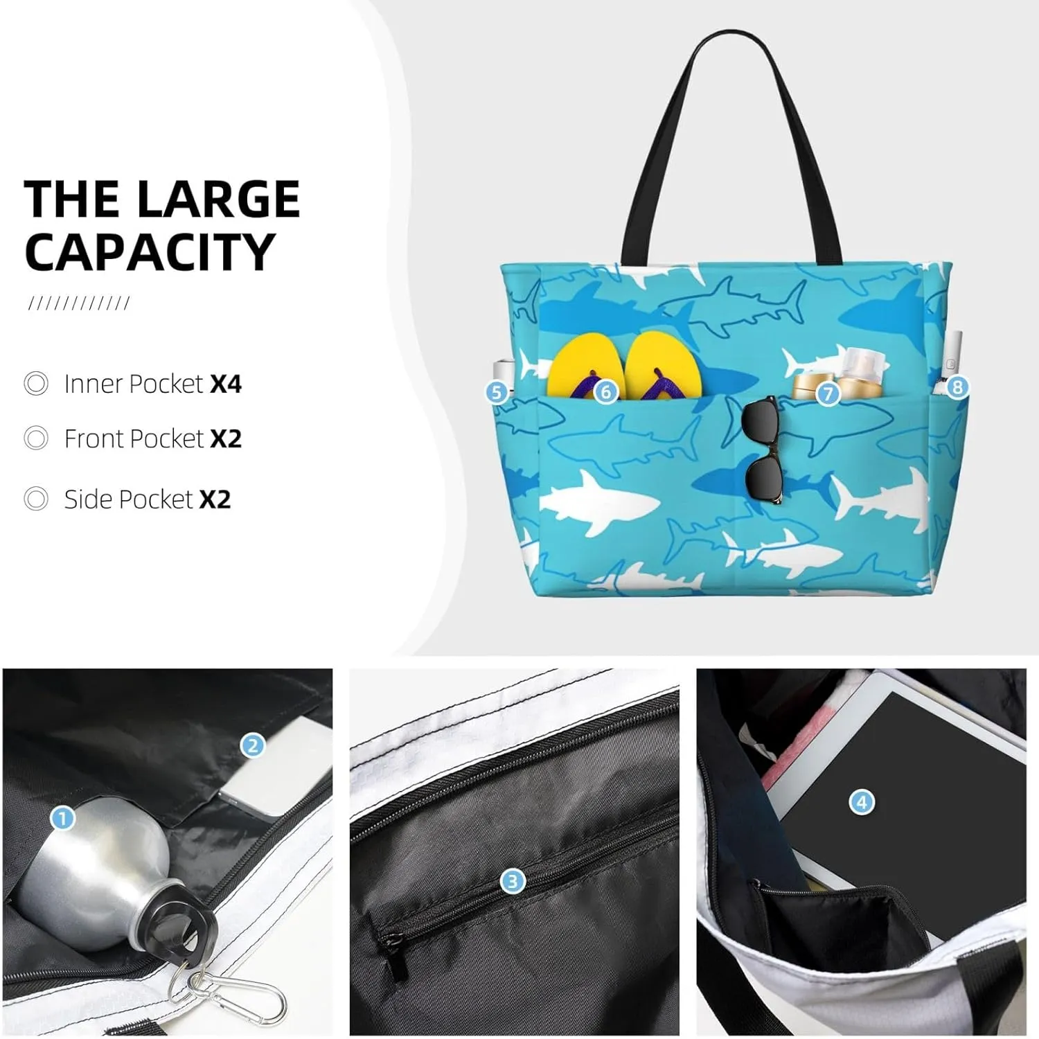 Women's Beach Travel Bags Large Waterproof Tote Bag with Pockets Sandproof Handbag for Beach Gym Vacation
