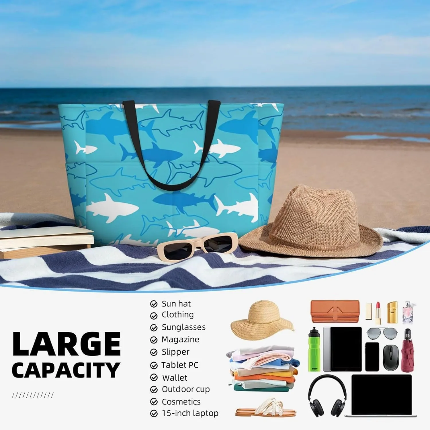 Women's Beach Travel Bags Large Waterproof Tote Bag with Pockets Sandproof Handbag for Beach Gym Vacation
